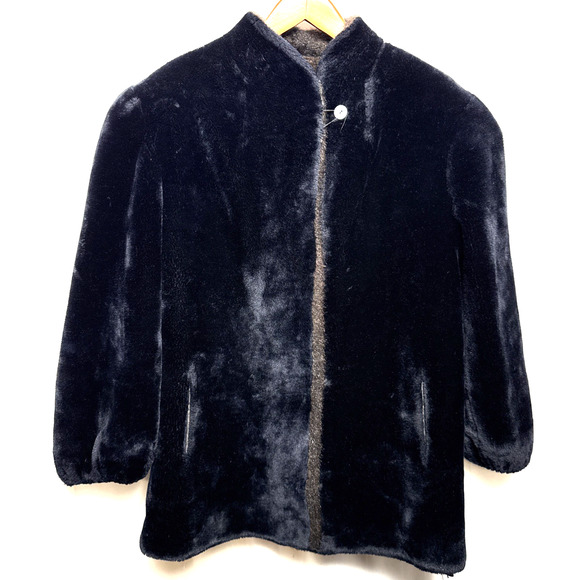 Vintage Style VI Ltd Black Faux Fur Coat Women's Size XL Made in USA Brown Trim - Picture 1 of 8